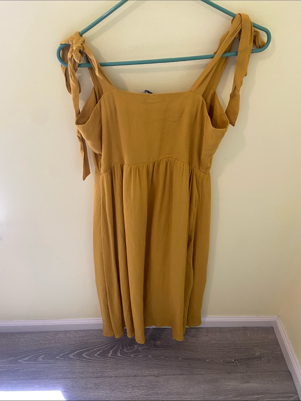 Forever 21 Mustard Yellow Embroidered Tie-Shoulder Button-Front Dress - Picture 3 of 3